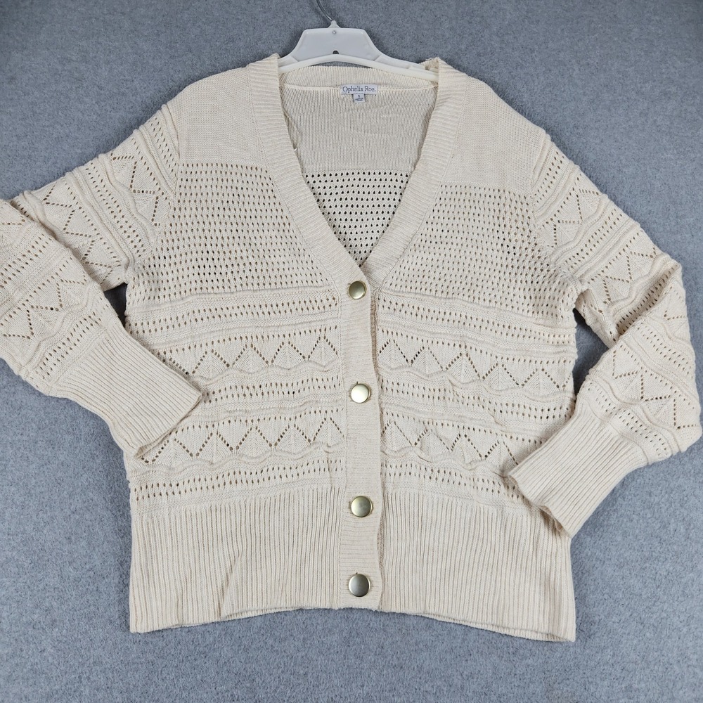 Ophelia Roe Cardigan Sweater Womens Small Beige Pointelle Open Knit Button Front